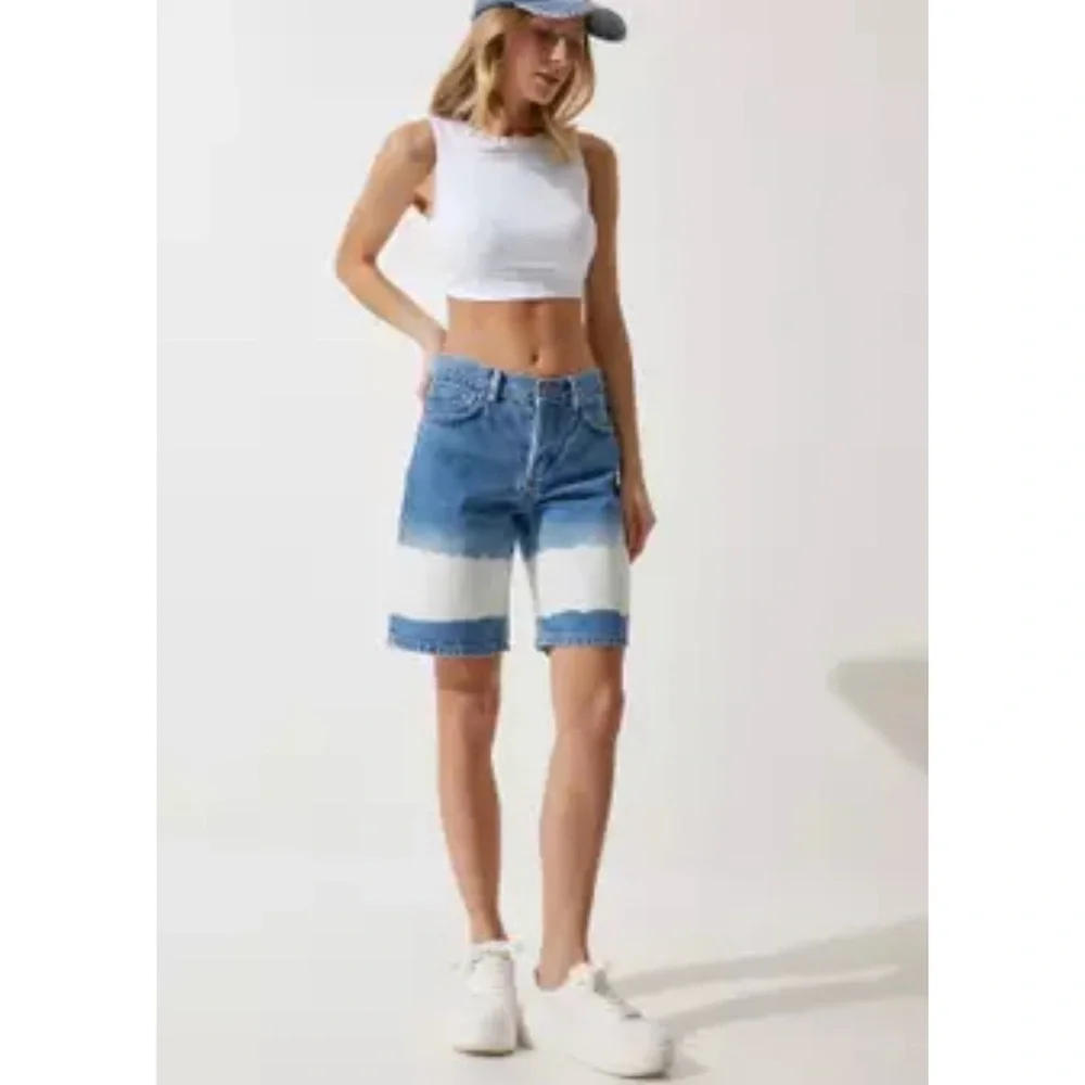 NEW Mango Tie-Dye Bleach Long Bermuda Denim Jean Shorts Size US 4